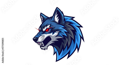 Fierce blue wolf mascot head with glowing red eyes and sharp teeth, a powerful symbol for esports teams and gaming brands.