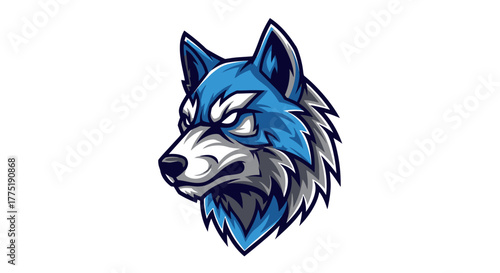 Fierce blue wolf mascot head with intense gaze, perfect for esports teams, gaming brands, and powerful sports logos