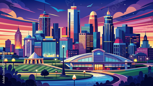 Very beautiful aerial view of Kansas City skyline at dusk, seen from Penn Valley Park, showcasing illuminated skyscrapers and city lights reflecting the vibrant urban heart of Missouri, USA.