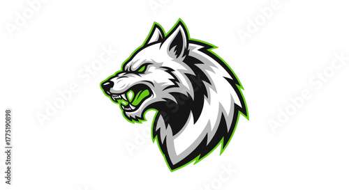 Fierce wolf head logo design with glowing green eyes and sharp teeth, perfect for esports teams and gaming brands seeking a powerful identity.