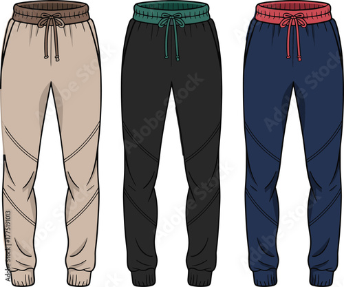 Jogger pants front view, drawstring waist cuffed hem design in three colors, fashion cad drawing, flat vector style illustration