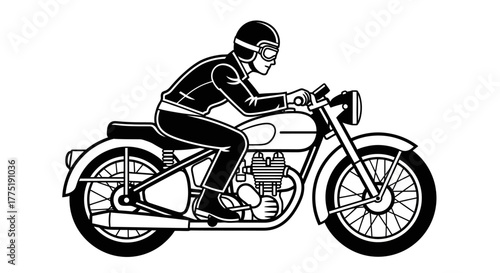 Classic motorcycle rider outlined against a stark white canvas, portraying velocity and freedom