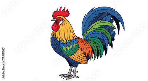 Vividly colored cartoon rooster illustration, detailed feathers and ornate tail display artwork