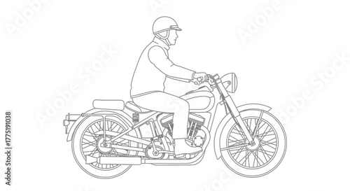 Vintage motorcycle line art featuring a rider with helmet against a white backdrop