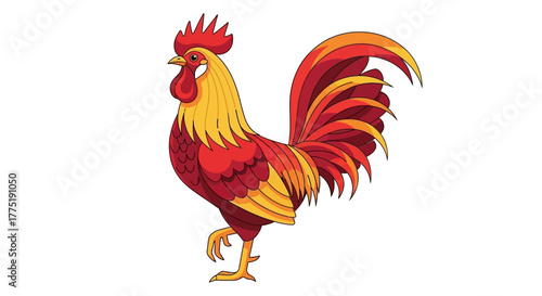 Vibrant rooster illustration with dynamic red and gold plumage strutting proudly for farm imagery