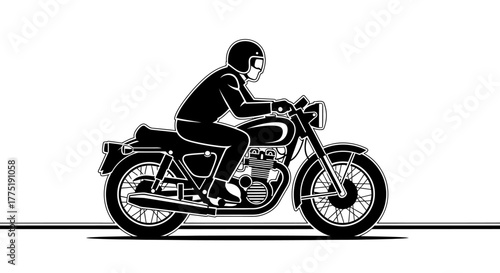Monochrome illustration showcasing a motorcyclist riding a vintage motorbike skillfully presented
