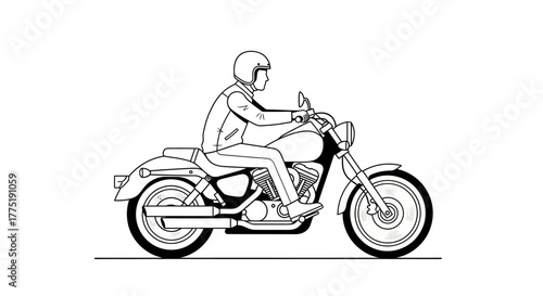 Dynamic illustration of a motorcyclist riding a classic motorcycle on a simple background