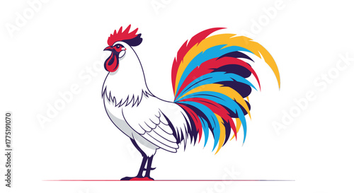 Vibrant rooster illustration with multicolored tail feathers on a white backdrop