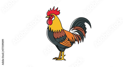 Cartoon Rooster Illustration Standing Proudly on White Background Depicting Farm Life