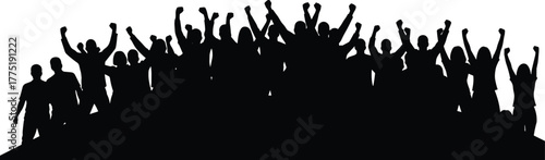 Silhouette crowd cheering with raised hands, unity celebration, protest rally, people together, cad drawing flat vector illustration, black and white