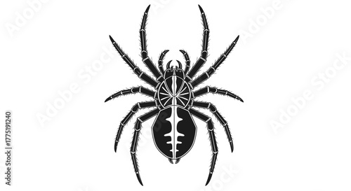 Detailed arachnid illustration in black and white showcasing symmetrical leg design for