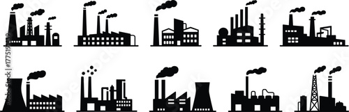 Industrial factory silhouettes, manufacturing plants, power plants, smoke stacks, industrial buildings, pollution, production facilities, factory icons, heavy 