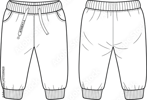 Jogger pants technical flat sketch, kids wear vector illustration, front and back view, ribbed cuffs and waistband, drawstring design