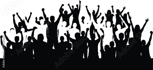 Silhouette crowd cheering, raised hands celebration, unity people group, concert audience excitement, activism rally energy, cad drawing flat vector illustration