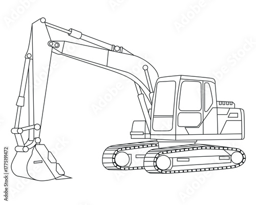 Black and white lineart of excavator construction machine, ideal for kids coloring book, education, transport, and engineering design projects.