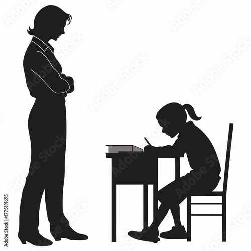 Silhouette of mother watching her daughter doing homework