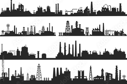 Industrial Factory Skyline Silhouettes Vector Set, Manufacturing Plant Illustrations, Oil Refinery Icons, Power Station, Engineering, Industry, and Urban Infrastructure Design