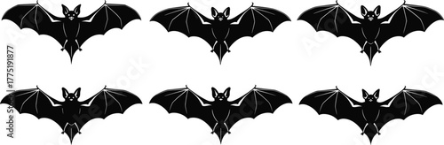 Bat silhouette set, symmetrical flying poses, black vector illustration, spooky animal icons, Halloween theme, nocturnal creature design, minimal graphic style
