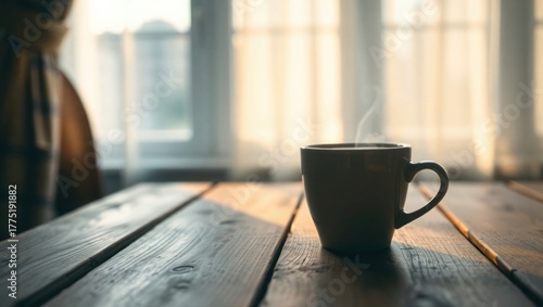 Steaming coffee cup on rustic table, morning light ambiance.