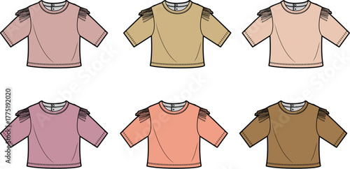 Collection of six colorful crew neck t-shirts with decorative fringe detail on the shoulders