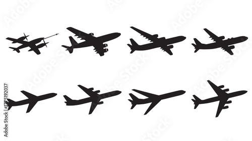 Set of airplane silhouettes different types of aircraft vector illustration for transportation and travel concepts isolated on white background
