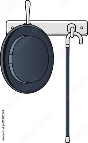 A bowler hat and a cane are hanging on a wall hanger. A vector illustration depicting a classic set of gentleman's accessories. A symbol of elegance and vintage style.