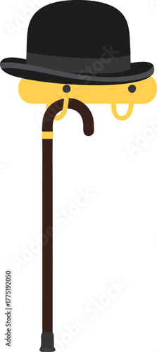 A bowler hat and a cane are hanging on a wall hanger. A vector illustration depicting a classic set of gentleman's accessories. A symbol of elegance and vintage style.
