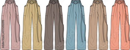 Fashion design technical flat sketch of women's wide-leg cargo pants with a paperbag waist. Vector illustration showing multiple color options for apparel collection