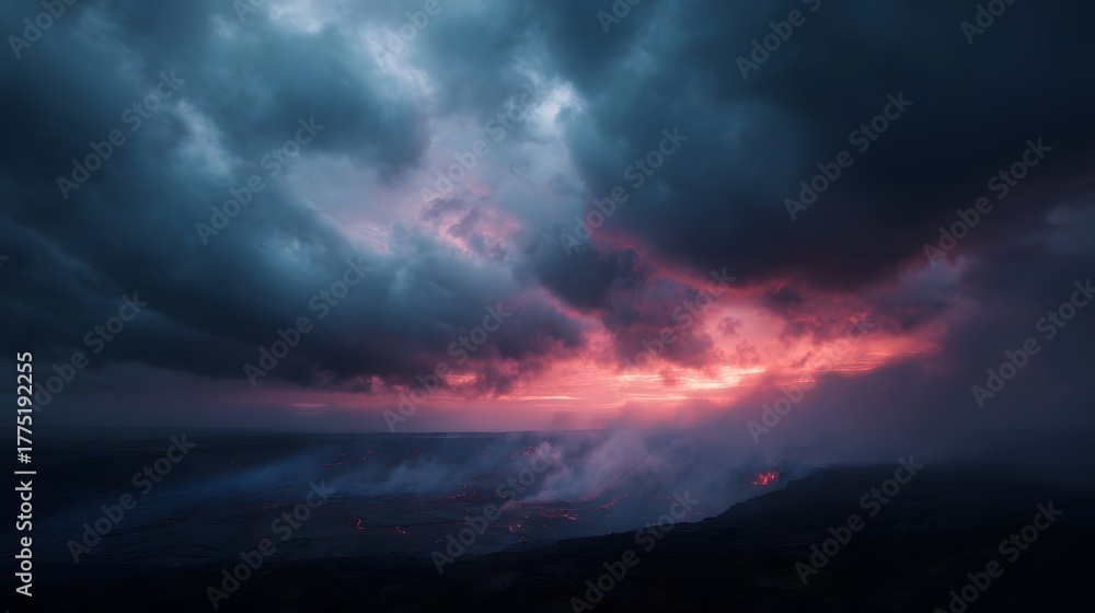 Obraz premium Dramatic volcanic eruption at dusk with glowing lava under a moody stormy sky