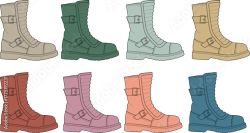 Collection of eight colorful military-style boots arranged in two rows