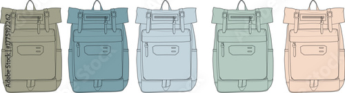 A collection of five different colored roll-top backpacks, each with unique features and compartments