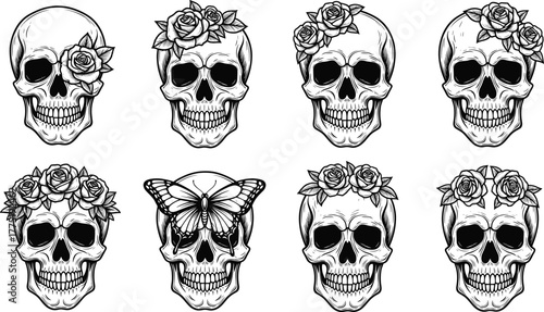 Floral skull silhouette set, rose and butterfly embellishments, black vector illustration, gothic design, artistic anatomy, decorative death theme, tattoo style