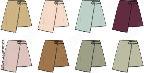 Collection of stylish and modern wrap skirt designs in a variety of fashionable solid colors, perfect for women's apparel concepts and textile patterns