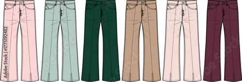 Colorful collection of women's flared trousers in a variety of fashionable shades. Technical flat fashion sketch for apparel design and style guides