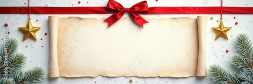 Festive holiday scroll with stars, ribbon, and pine branches