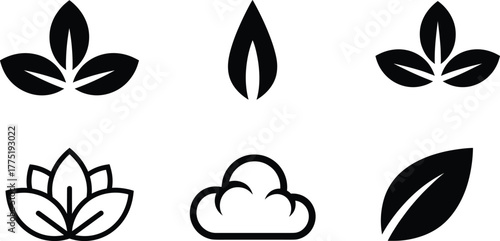 Nature icon collection, leaf, lotus, cloud silhouette, black and white vector illustration, eco design elements, minimal graphic, environmental symbol set