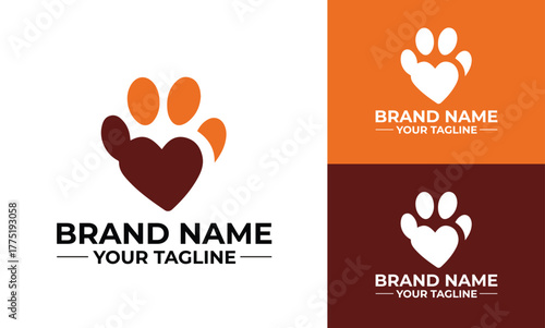 Veterinary clinic logo, pet care logo, dog cat paw heart logo design template