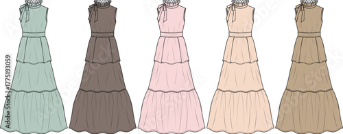 Collection of elegant tiered dresses in pastel colors for women, showcasing fashionable design and versatility