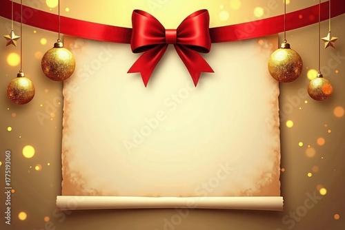 Festive holiday scroll with red ribbon and gold ornaments