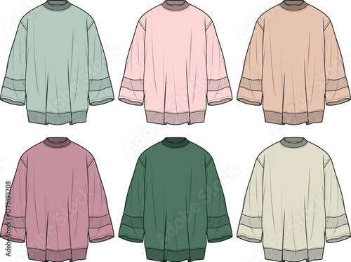 Collection of six oversized crewneck sweaters in pastel and muted earth tones, showcasing a relaxed fit and distinctive sleeve detail