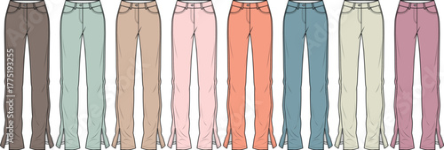 Fashion technical flat sketch of women's high-waisted split hem trousers in a diverse color palette, set of vector illustrations for clothing design and apparel templates