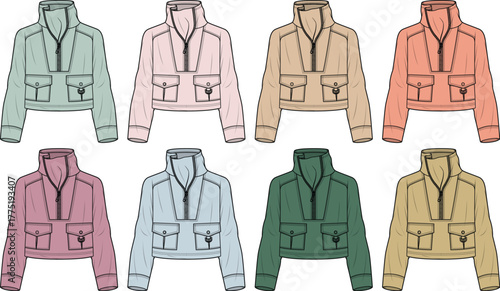 Collection of flat fashion illustrations showcasing a versatile cropped utility jacket design in various pastel and earthy color options, ideal for modern outerwear and fashion design concepts