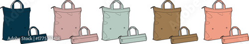 Illustration of various fabric bags in different colors arranged in a row, with smaller bags below