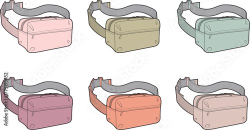 Color variations of a shoulder bag, including pink, green, and orange shades, a design concept