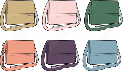 A vibrant collection of multi-colored satchel bags shown in a flat vector illustration style for fashion and accessory design concepts