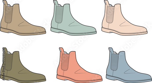 Stylish vector illustration of classic Chelsea boots in a variety of earthy and pastel colors, showcasing contemporary footwear fashion and versatile design for men and women