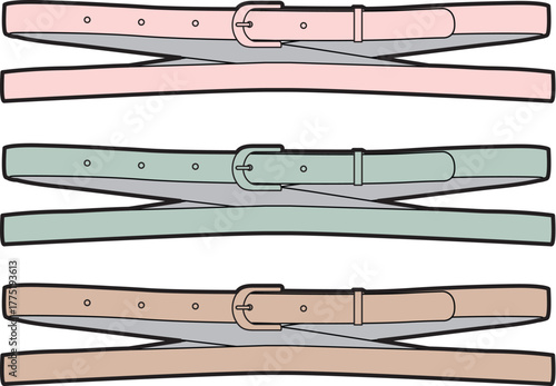 Collection of classic women's skinny waist belts in pastel colors. Vector illustration of fashion accessories for apparel design and style concepts