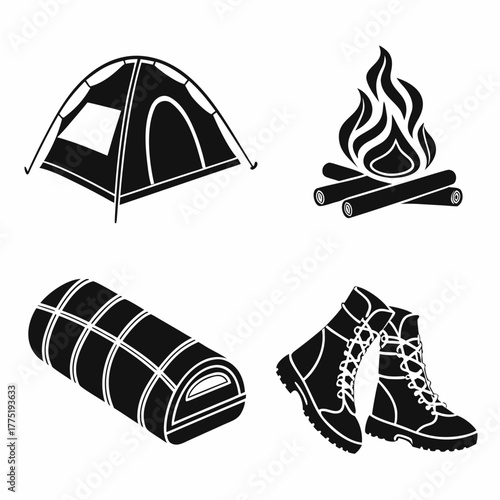 Camping equipment set with tent, bonfire, sleeping bag and boots