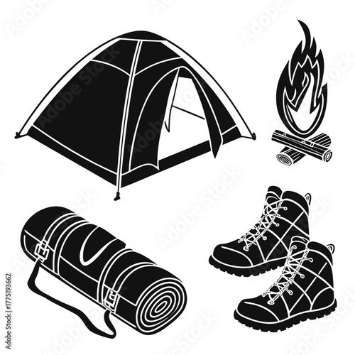 Camping equipment with tent, bonfire, sleeping bag, and boots