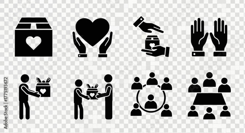 A versatile set of solid black icons representing concepts of charity, donation, community support, volunteering, and social welfare